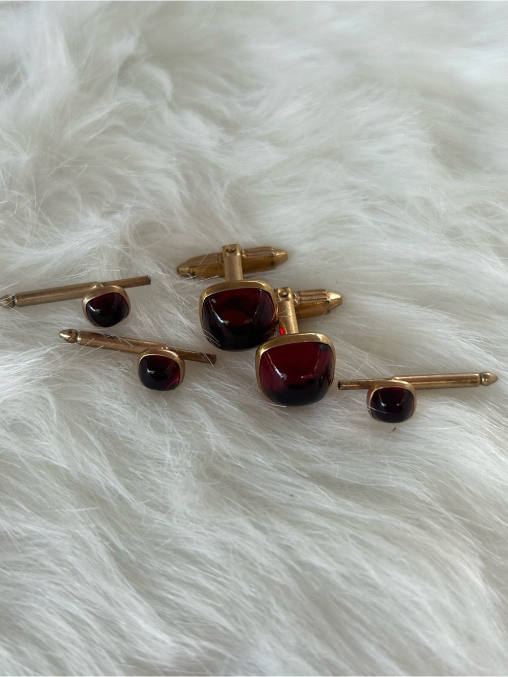 Gold and Deep Red Cufflink and Tie Tack Set